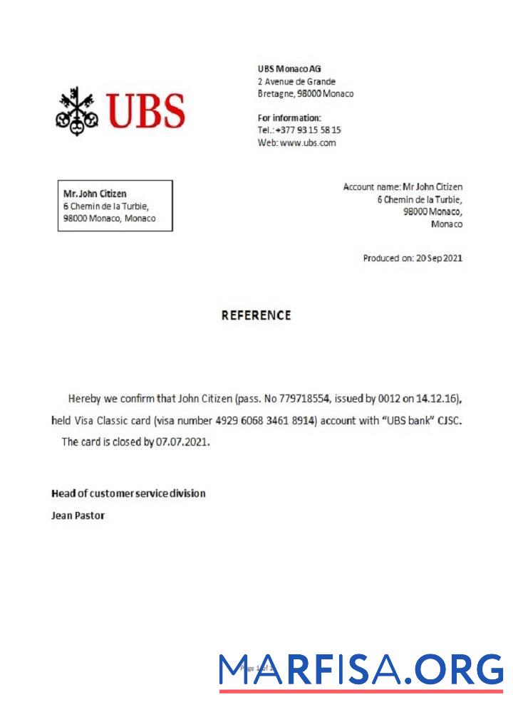 Printable Monaco UBS bank closure reference template